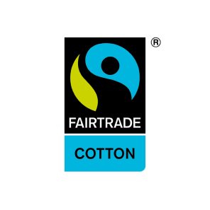 Fairtrade Cotton-logotyp: Cirkel med svart figur som vinkar, vilket symboliserar en lantarbetare p&aring; ett gr&ouml;nt f&auml;lt under en bl&aring; himmel.